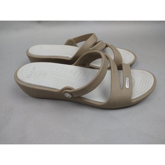 Crocs Sandals Womens 7 Patricia Slip On ZStrap Wedge Slide 10386 Tan Beige - Picture 2 of 8